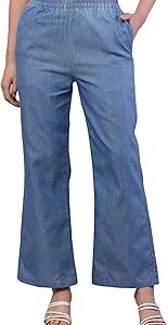 Adeline Creation Women's Denim Palazzo Pants with Elastic Waistband & Pockets, Navy Blue, Casual Wear