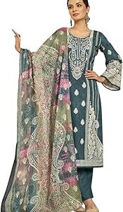 Women's Unstitched Pakistani Print Embroidered Pure Cotton Salwar Suit Dress Materials with Cotton Printed Dupatta