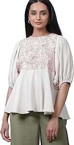 Off White Solid Cotton A-Line Top