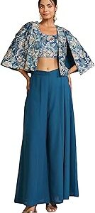 Women's Teal Blue Velvet Floral Printed Crop Top with Palazzo & Cape Set