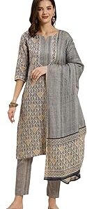 Beige Cotton Printed Straight Kurta with Pant and Dupatta | Kurta Set for Women