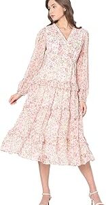 Floral Printed V-Neck Puff Sleeve Ruffled Tiered Fit & Flare Dress