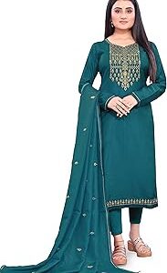 Women's Dola Silk Semi Stitched Top with Unstitched Crepe Bottom and Silk Dupatta Embroidered Straight Kurta Dress Material