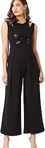 Women's Halter Neck Sleeveless Solid Wide Leg Sequin Paneled Regular Length Jumpsuit
