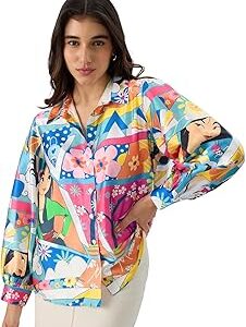 Official Satin Regular Fit Shirt: Disney Mulan Women's And Girls Long Sleeve Collared Neck Button Down Multicolor All Over Printed Polyester Shirts