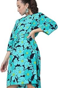 Teal Floral Print A-Line Midi Dress