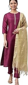 Women's Wine Poly Silk Embellished Kurta with Pant and Dupatta