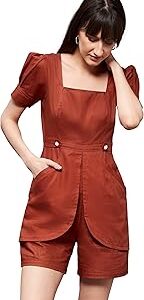 Womens Women's Rust Square Neck Pleated Cotton Solid Playsuit (MCSS22D15-44-606-04, Rust, M)
