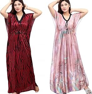 Women's Silk Geometric Print Maxi Kaftan Night Gown (Pack of 2)