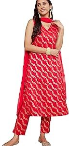 Women's Red Brocade Woven Design Kurta with Pant and Dupatta