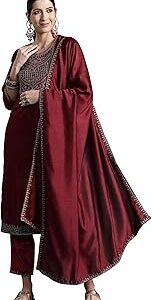 Women's Embroidered Silk Blend Straight Kurta Pant With Dupatta Set (Kh9Mr7891)