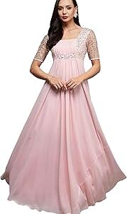 Women's Square Neck Half Sleeve Solid Embellished Maxi Dress