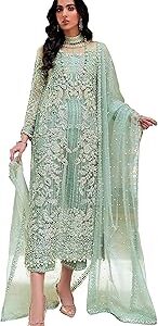 Women's net fabric with embroidery and hand work semi stitched multi color designer dress material