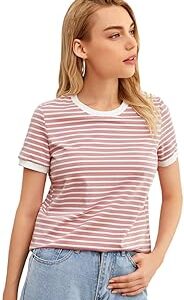 Stripe Printed Short Sleeve Regular Fit Top for Women