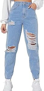 Women's & Girls' Solid Black High Waist Ripped Distressed Mom Fit Denim Jeans
