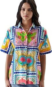 TSS Originals: Vintage Stamps Womens Oversized Fit Graphic Printed Half Sleeve Cotton Multicolored Women Boyfriend Shirts