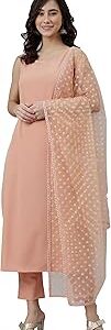 Women's Peach Poly Crepe Solid Kurta with Pant and Dupatta