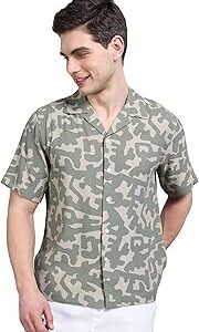 Men's Half Sleeve Camo Printed Linen Look Shirt S-2XL