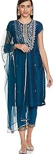 Women Teal Art Silk Straight Kurta Slim Pant Suit Set