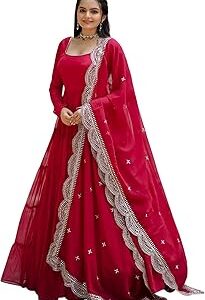 Women's Tiered Georgette Sequins Embroidered Work Anarkali Gown and Dupatta