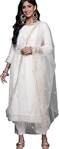 Women's Cotton Embroidered Straight Kurta Pant With Dupatta Set
