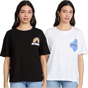 Women's Graphic Cotton Stretch Half Sleeve Round Neck Oversized Loose Fit T-Shirts (Front & Back Print | Combo Pack of 2)