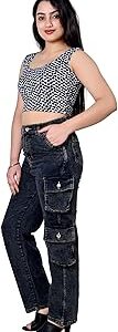 Women's High-Waist Cargo Jeans, Straight Fit, Multiple Pockets, Medium Blue Denim