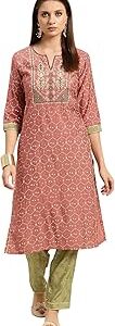 Peach Viscose Embroidered Straight Kurta with Pant | Kurta Set for Women