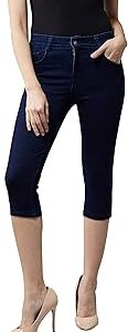 Women's Navy Blue Skinny Fit High Rise Cropped Length Clean Look Denim Stretchable Capri Jeans