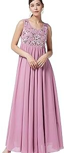Women's Dusty Lavender Round Neck Sleeveless Solid Embroidered Maxi Dress