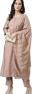 Women's Dusty Rose Viscose Blend Embroidered Kurta with Pant