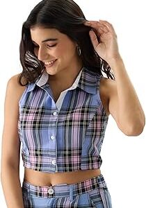 Lilac Blossom Women and Girls Sleeveless Collared Neck Slim Fit Checkered Cotton Cropped Tops