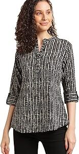 Tops for Women Printed Regular Fit Shirt, Tops for Women Stylish Latest|Office Wear Tops for Women|Cotton Blend Tops for Women|Mandarin Collar Top