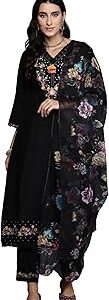 Women's Silk Blend Embroidered A-Line Kurta Pant With Dupatta