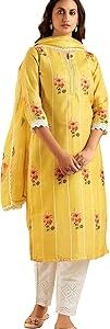 Women's Printed Linen Calf Length Straight Kurta Pant with Dupatta