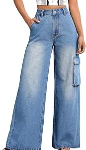 Women's Solid High Rise Relaxed Fit Cargo Jeans