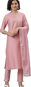 Women's Pink Poly Silk Floral Print Kurta with Pant and Dupatta