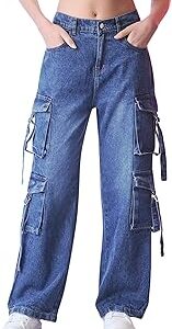 Fashion Denim Blue Women Cargo Jeans | High Waist Stretchable Wide Leg Loose Fit Denim| Boyfriend Cargo Jeans for Women(WJ-1223)