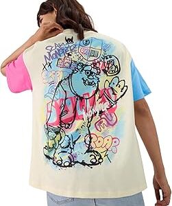 Official Disney: Pixar Monsters Women and Girls Short Sleeve Round Neck Multicolor Graphic Printed Cotton Oversized