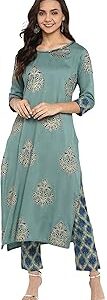 Women's Turquoise Green Rayon Foil Print Kurta with Pant