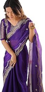 Women's Shimmer Chiffon Sequence Embroidery Scalloped Border Saree With Unstitched Blouse Piece