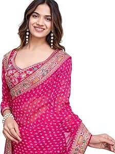 Women Georgette Pink Geometric Pattern Printed Embroidery Saree with Unstitched Blouse (E6253_1) - Elegant and Intricate Embroidery