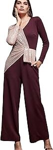Women's V-Neck Full Sleeve Embellished Asymmetric Regular Length Polyester Jumpsuit with Pockets
