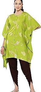 Women's Lime Green Rayon Foil Printed Kaftan Kaftan Kurta with Tulip Pant