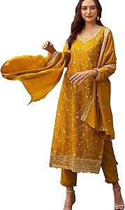 Women's Embroidered Silk Blend Calf Length Straight Kurta & Pant With Dupatta Set (KH9MT6278)