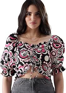 Official Powerpuff Girls: Flower Power Women and Girls Skinny Fit Half Sleeve Graphic Print Polyester Black Color Crop Top Cartoon Crop Top for Girl Women