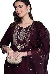 Women Silk Wine Straight Embroidered Kurta Trouser with Dupatta Set