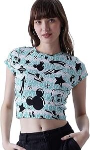 Official Mickey Mouse: Doodle Womens and Girls Regular fit Graphic Printed Half Sleeve Cotton Multicolored Women Cropped Tops (220855)