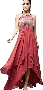 Women's Halter Neck Sleeveless Embellished Layered Maxi Dress
