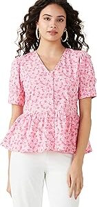 Women's Solid Cotton V-Neck Puff Sleeve Regular Fit Peplum Top